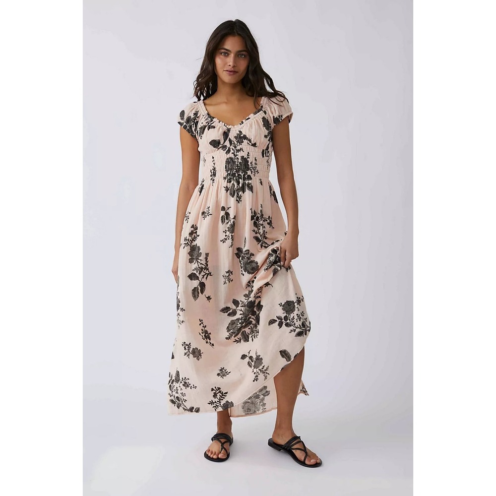 Free People Light Pink‎ Black Floral Coquette Forget Me Not Maxi Dress Size M